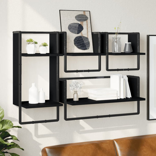 Wall Shelves 4 Piece Wall Shelf Set With Bars Black Engineered Wood