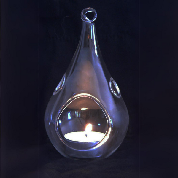 10 Pack Of Hanging Clear Glass Tealight Candle Holder Tear Drop Pear Shape - 12Cm High Terrarium Plant Mini Garden Decor