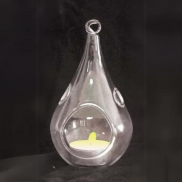 10 Pack Of Hanging Clear Glass Tealight Candle Holder Tear Drop Pear Hour Shape - 20Cm High Terrarium Plant Mini Garden Decoration Craft Gift