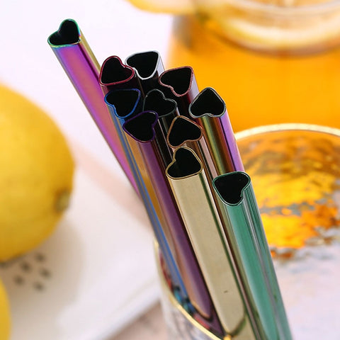 2Pcs Reusable Stainless Steel Metal Heart-Shaped Straw With Cleaning Brush