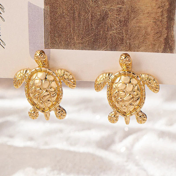 Earrings Bohemian Textured Gold Sea Turtle Metallic Animal Stud For Women