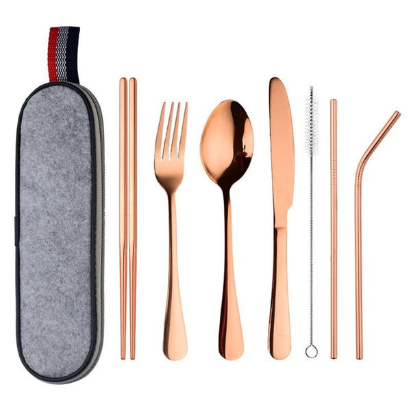 Cutlery Sets 8Pcs/Set Stainless Steel Drinking Straw Knife Fork Spoon Chopsticks Cutlery