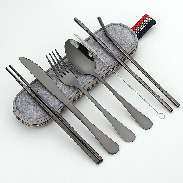 Cutlery Sets 8Pcs/Set Stainless Steel Drinking Straw Knife Fork Spoon Chopsticks Cutlery