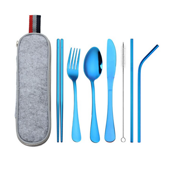 Cutlery Sets 8Pcs/Set Stainless Steel Drinking Straw Knife Fork Spoon Chopsticks Cutlery