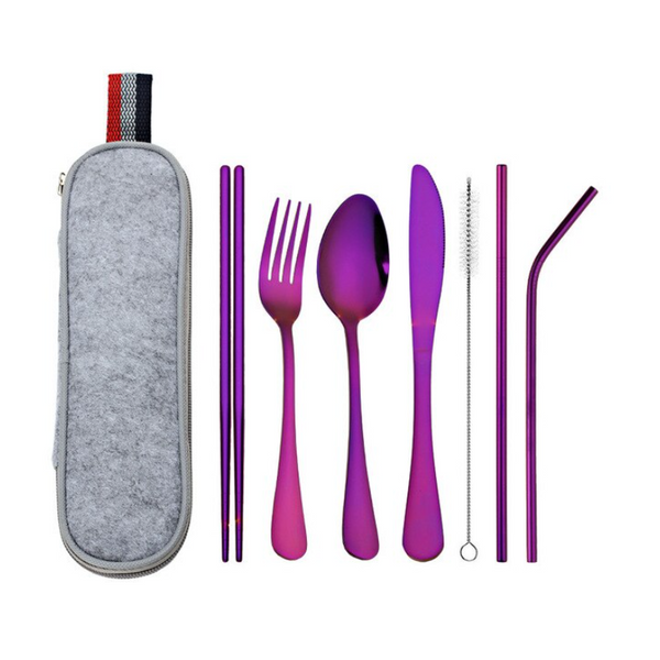 Cutlery Sets 8Pcs/Set Stainless Steel Drinking Straw Knife Fork Spoon Chopsticks Cutlery