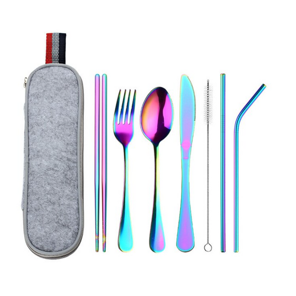 Cutlery Sets 8Pcs/Set Stainless Steel Drinking Straw Knife Fork Spoon Chopsticks Cutlery