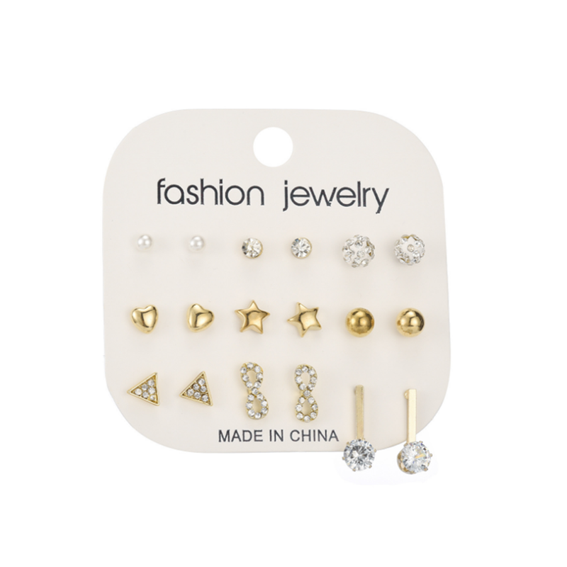 Earrings 9 Pairs Of Creative Zircon Nail Set Alloy Jewelry Gold