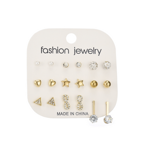 9 Pairs Of Earrings Creative Zircon Nail Set Alloy Jewelry Gold