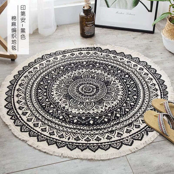 Rugs 92 X 92Cm Retro Bohemian Carpet Hand Woven Cotton Linen Rug Bedside Geometric Floor Mat Living Room Bedroom Home Decor Ver 24