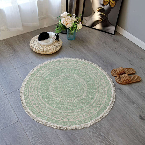 Rugs 92 X 92Cm Retro Bohemian Carpet Hand Woven Cotton Linen Rug Bedside Geometric Floor Mat Living Room Bedroom Home Decor Ver 3