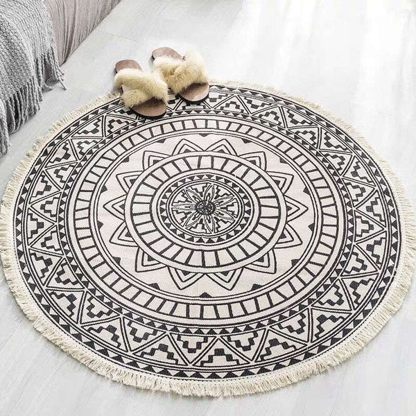 Rugs 92 X 92Cm Retro Bohemian Carpet Hand Woven Cotton Linen Rug Bedside Geometric Floor Mat Living Room Bedroom Home Decor Ver 6