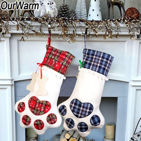 Seasonal Decorations Red Or Blue Plaid Paw Shaped Pet Christmas Stocking For Dogs Cats