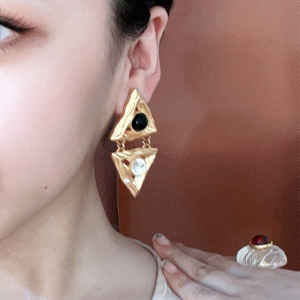 Earrings Middle Aged Crystal Hollow Diamond Triangle Embossed Geometric Design