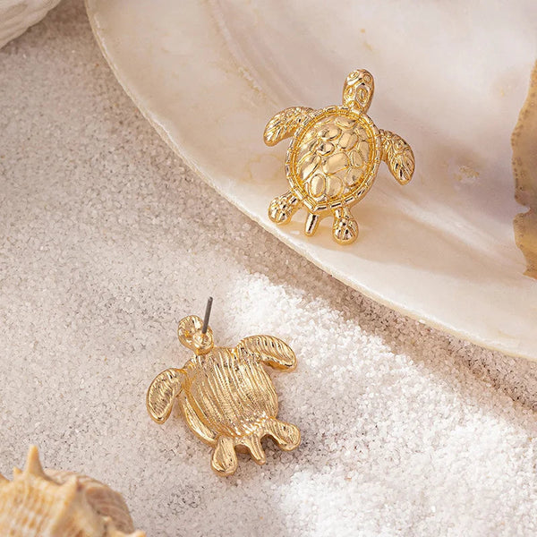 Earrings Bohemian Textured Gold Sea Turtle Metallic Animal Stud For Women