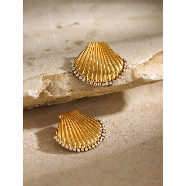 Earrings Scalloped Shell With Rhinestones And Titanium Steel For Women Ladies Jewelry