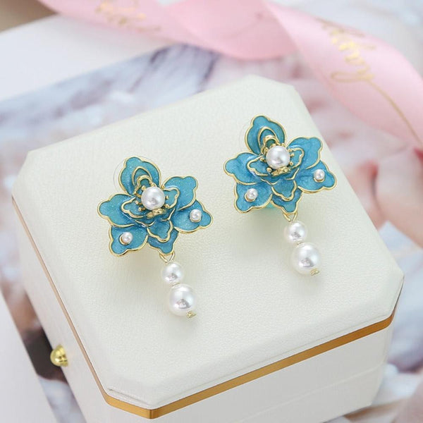 Earrings New Oil Dripping Blue Flower For Women Fashion Design Elegant Silver Needle