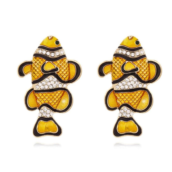 Earrings Diamond Studded Clownfish Alloy Cartoon Tropical Marine Animal Design