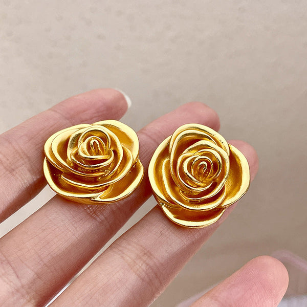 Earrings Retro Medal Gold Three Dimensional Rose Stud For Everyday Wear