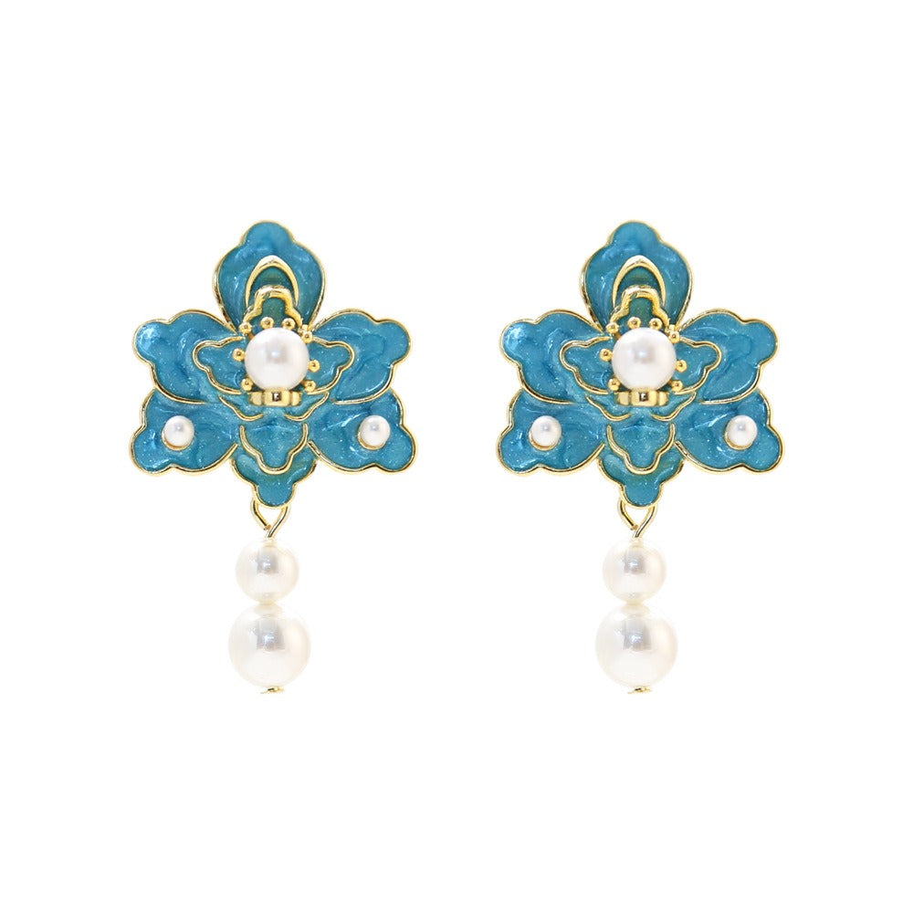 Earrings New Oil Dripping Blue Flower For Women Fashion Design Elegant Silver Needle