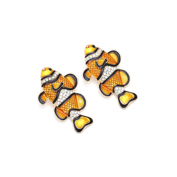 Earrings Diamond Studded Clownfish Alloy Cartoon Tropical Marine Animal Design