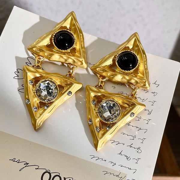 Earrings Middle Aged Crystal Hollow Diamond Triangle Embossed Geometric Design