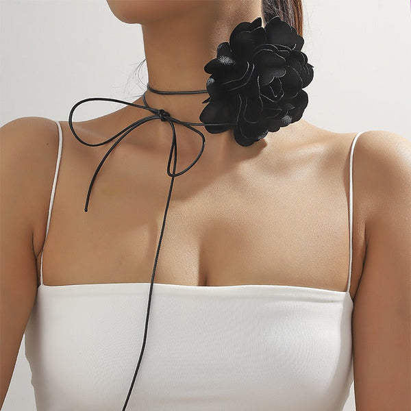 Necklaces & Pendants Retro Black Satin Peony Flower Neck Strap Necklace For Evening Fashion Wear