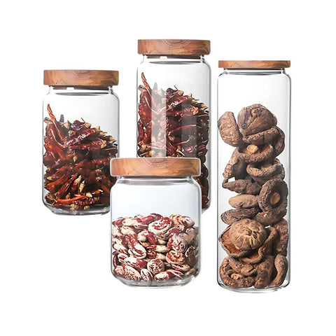 Canisters & Jars Condiments Container Set Of Four Glass Jars With Airtight Wooden Lids