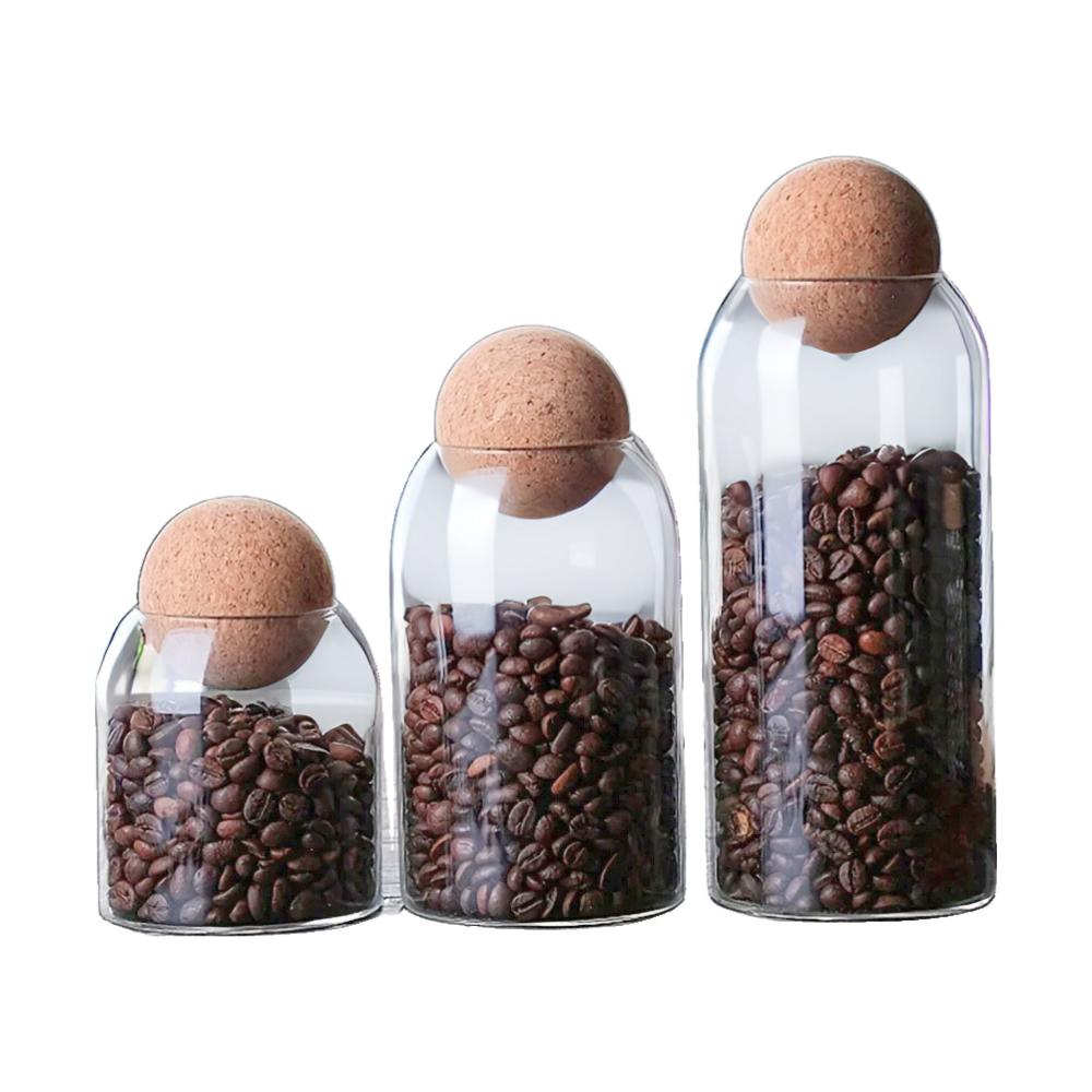 Canisters & Jars Condiments Container Set Of Three Glass Jars With Cork Ball Lids For Storage