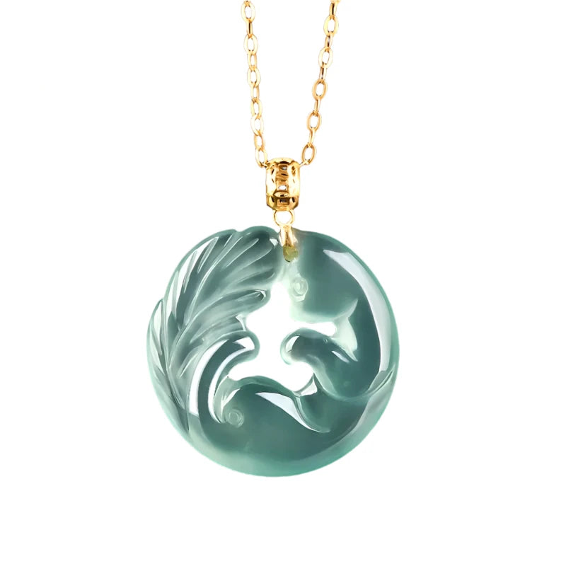 Necklaces & Pendants Authentic Natural Jadeite Blue Water Nine Tail Fox Pendant With 18K Gold Inlay