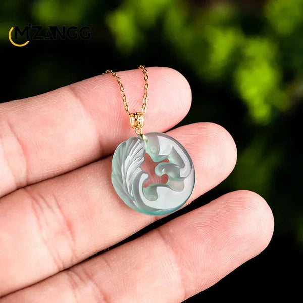 Necklaces & Pendants Authentic Natural Jadeite Blue Water Nine Tail Fox Pendant With 18K Gold Inlay