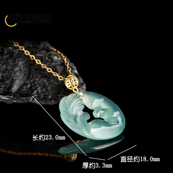 Necklaces & Pendants Authentic Natural Jadeite Blue Water Nine Tail Fox Pendant With 18K Gold Inlay