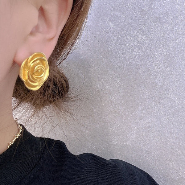 Earrings Retro Medal Gold Three Dimensional Rose Stud For Everyday Wear