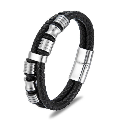 Bracelets Black Leather Stainless Steel Mens Bracelet With Titanium And Rope