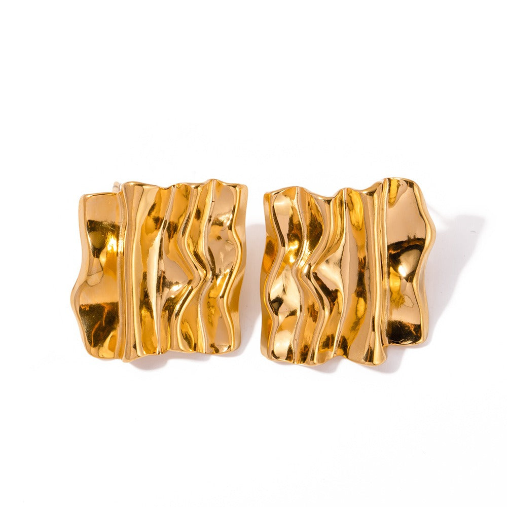 Earrings Rectangular Pleated Retro Personalized Exaggerated Golden Ripple