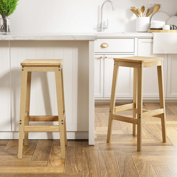 Benches Bar Stools Artiss 2X Bar Stools Rubber Wood Counter Chair Rattan Barstools Kitchen