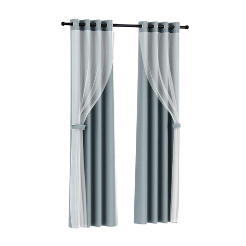 Curtains & Drapes Artiss 2X 132X160cm Blockout Sheer Curtains Light Grey