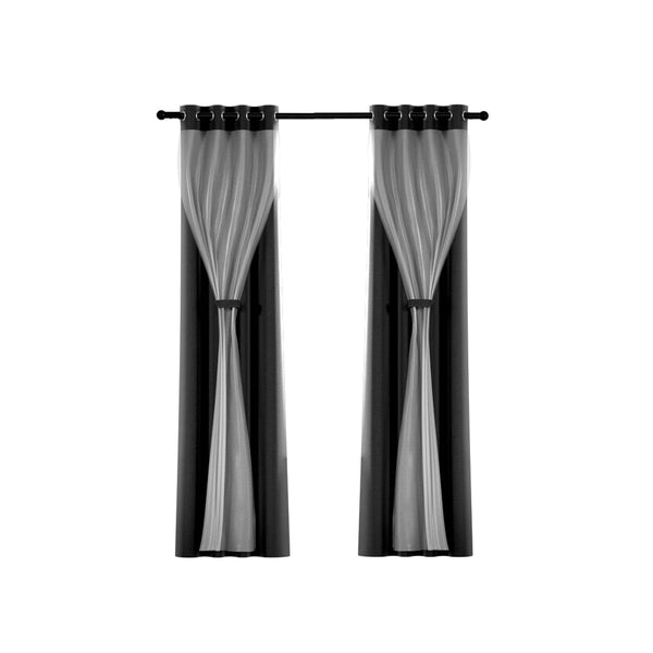 Curtains & Drapes Artiss 2X 132X274cm Blockout Sheer Curtains Black