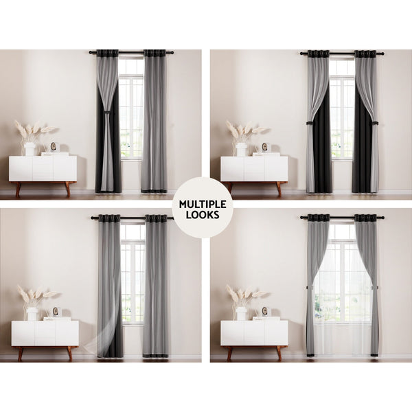 Curtains & Drapes Artiss 2X 132X274cm Blockout Sheer Curtains Black