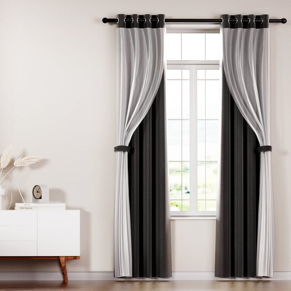 Curtains & Drapes Artiss 2X 132X274cm Blockout Sheer Curtains Black