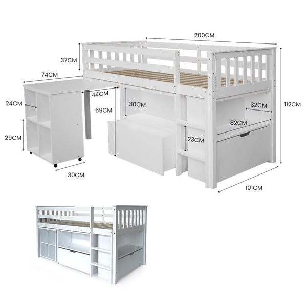 Single Bed Frames Slumber Wooden Kids Single Loft Bed Frame With Pull Out Desk Storage Drawers White