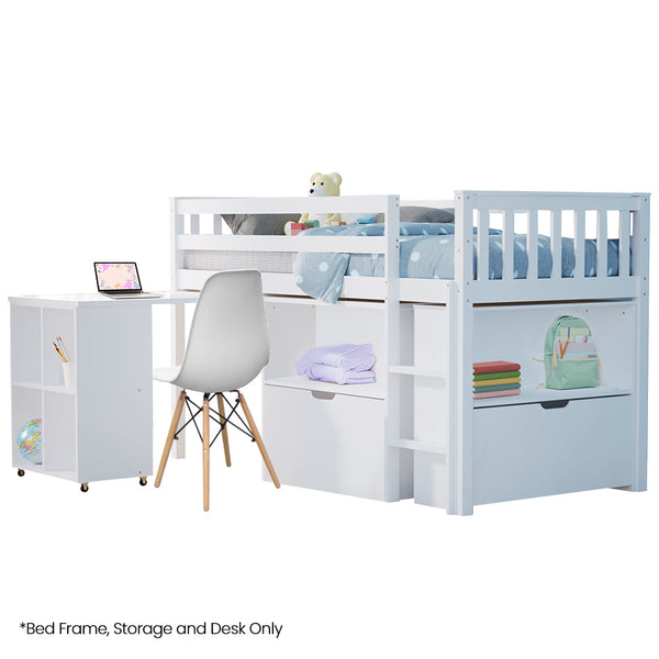 Single Bed Frames Slumber Wooden Kids Single Loft Bed Frame With Pull Out Desk Storage Drawers White