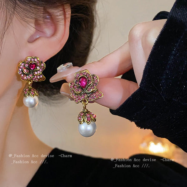 Earrings Flower Pearl Medieval Fashion High End Feel Niche Versatile Accessories