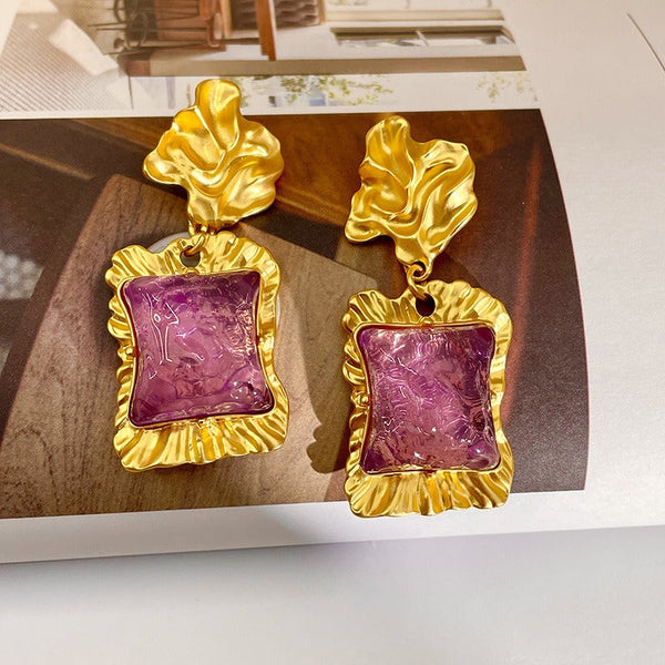 Earrings Lava Irregular Purple Square Glazed Crystal Retro Style