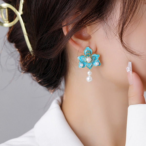 Earrings New Oil Dripping Blue Flower For Women Fashion Design Elegant Silver Needle