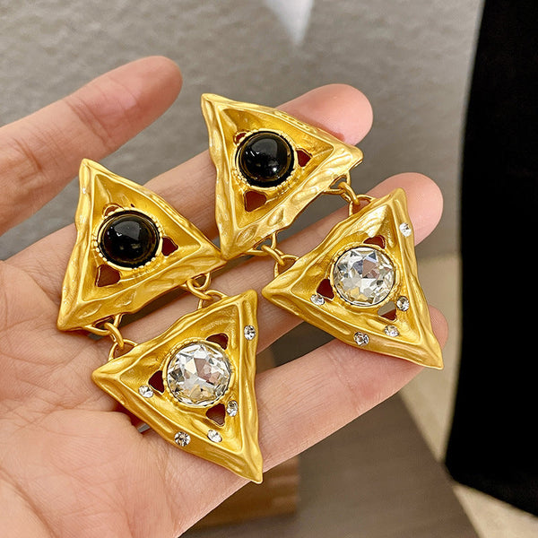 Earrings Middle Aged Crystal Hollow Diamond Triangle Embossed Geometric Design