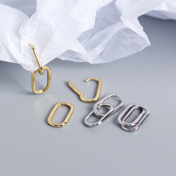 Earrings S925 Sterling Silver Geometric Square Paperclip Convertible Link Hoop