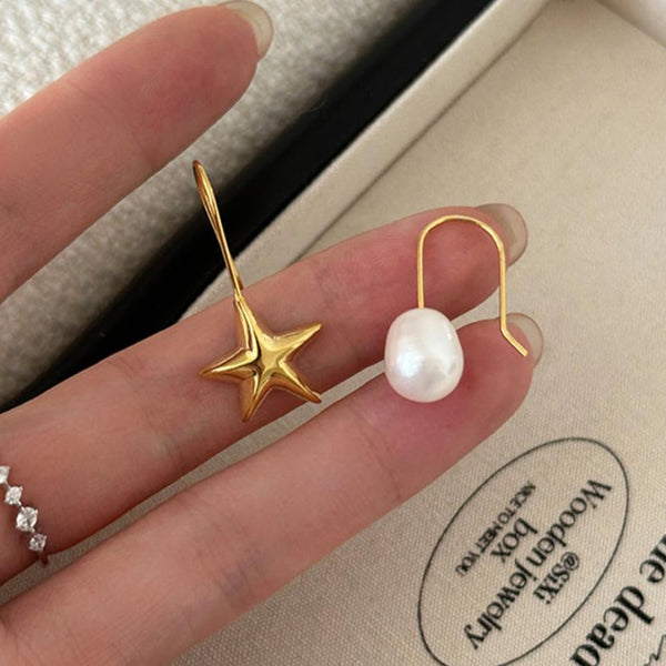 Earrings Retro Literary Natural Pearl Asymmetric Star Design Silver Needle