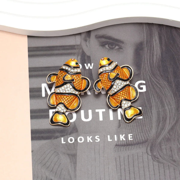 Earrings Diamond Studded Clownfish Alloy Cartoon Tropical Marine Animal Design