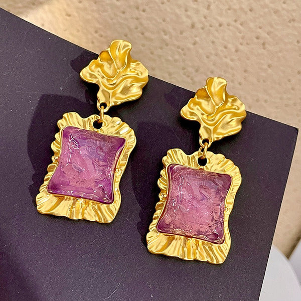 Earrings Lava Irregular Purple Square Glazed Crystal Retro Style