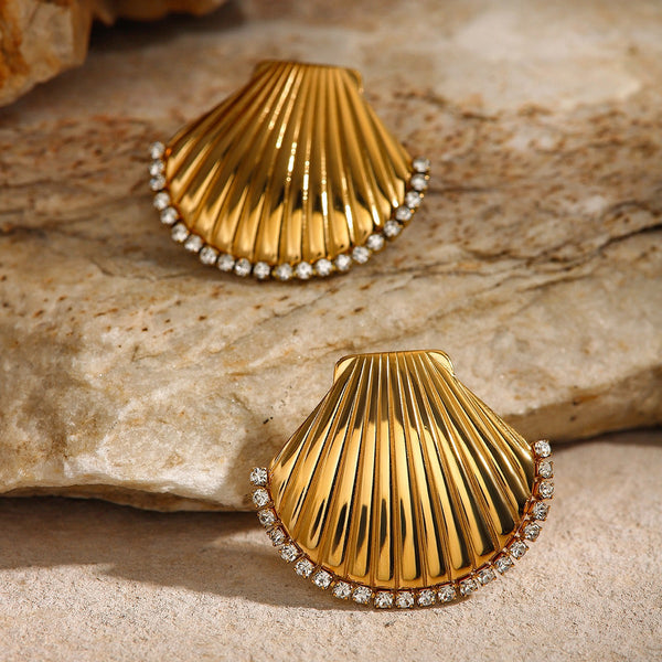 Earrings Scalloped Shell With Rhinestones And Titanium Steel For Women Ladies Jewelry